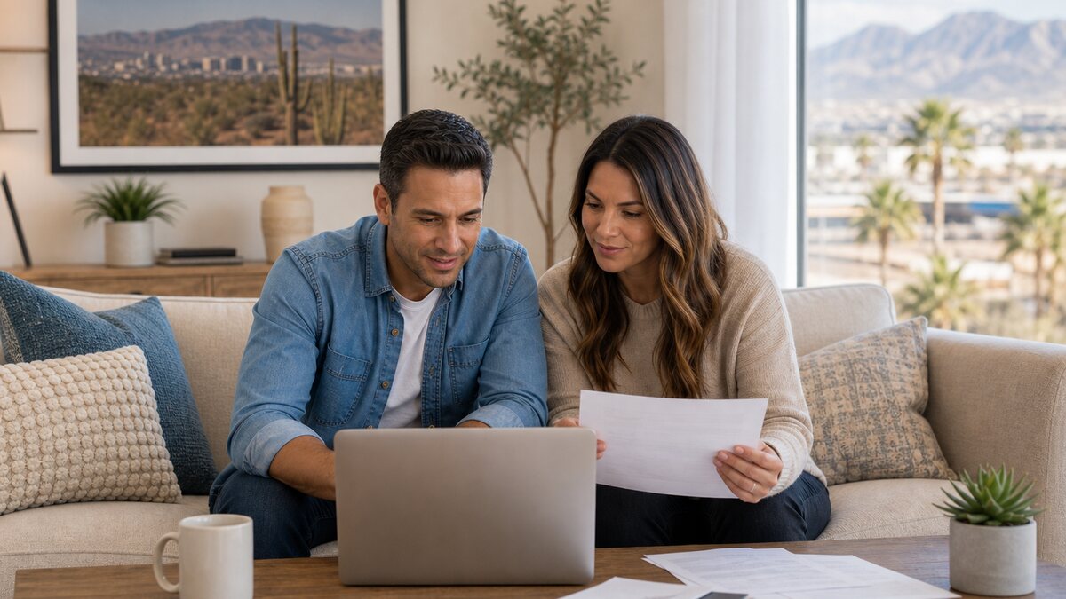 Las Vegas residents reviewing bankruptcy options on a laptop